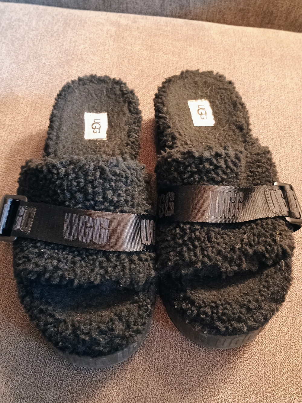UGG Black Sherpa Slide Sandals with Branded Strap